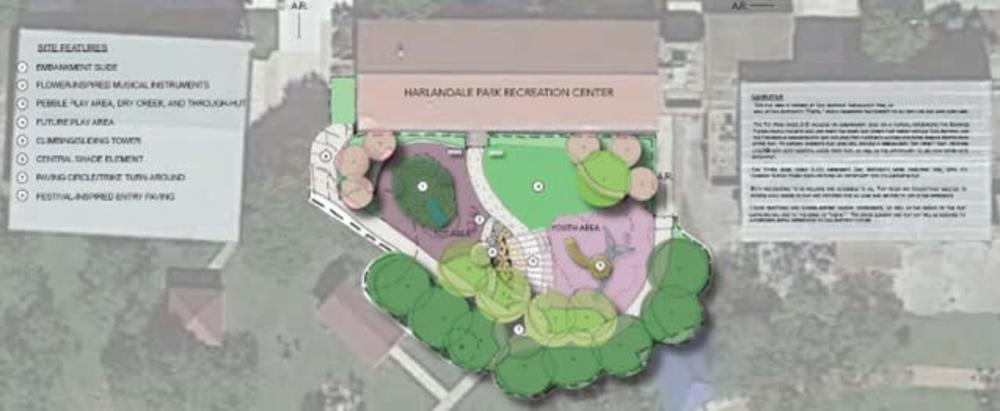 Representación del plan conceptual esquemático del Departamento de Obras Públicas y la descripción de la ubicación del sitio del proyecto en 7227 Briar Place, San Antonio, TX 78221.
